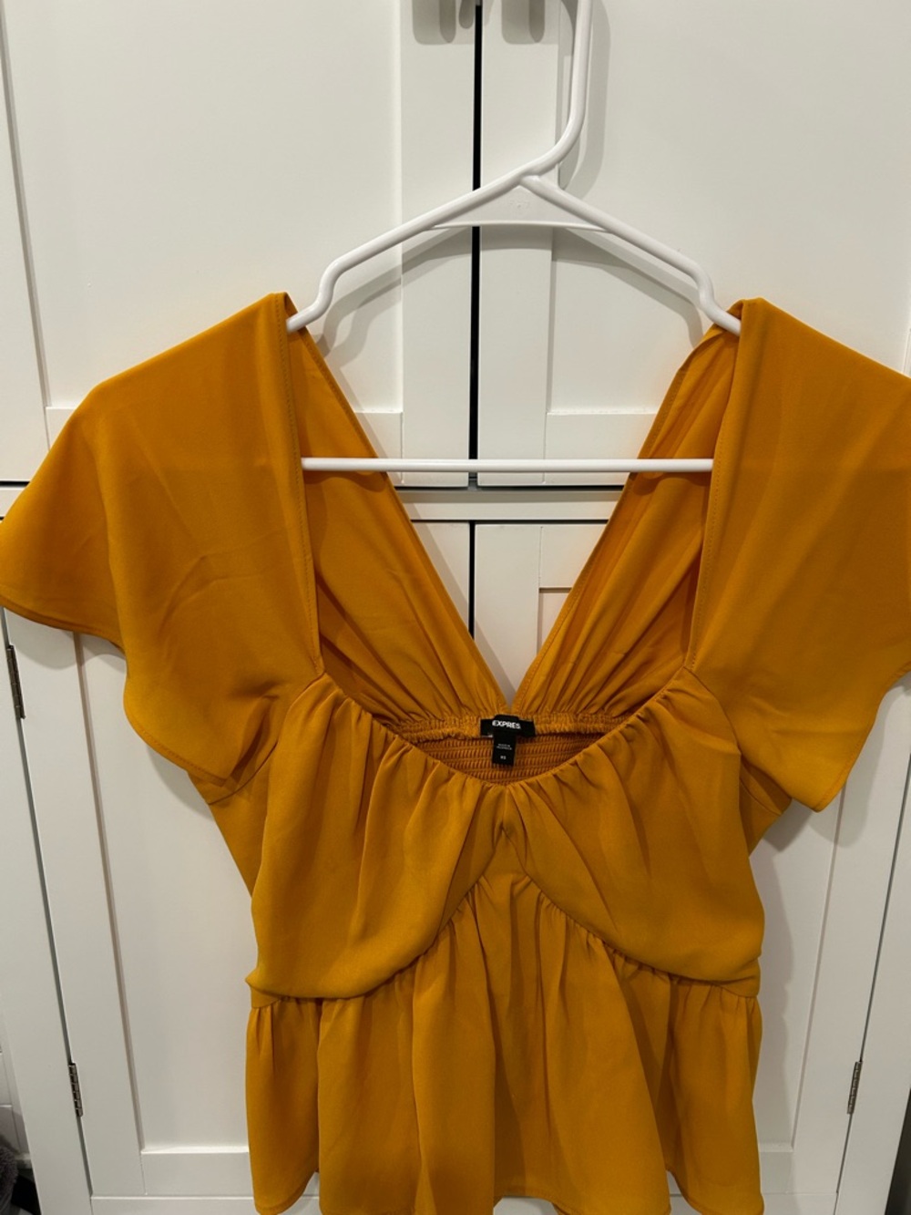 Express Mustard Yellow Flutter Sleeve Peplum Crop Top